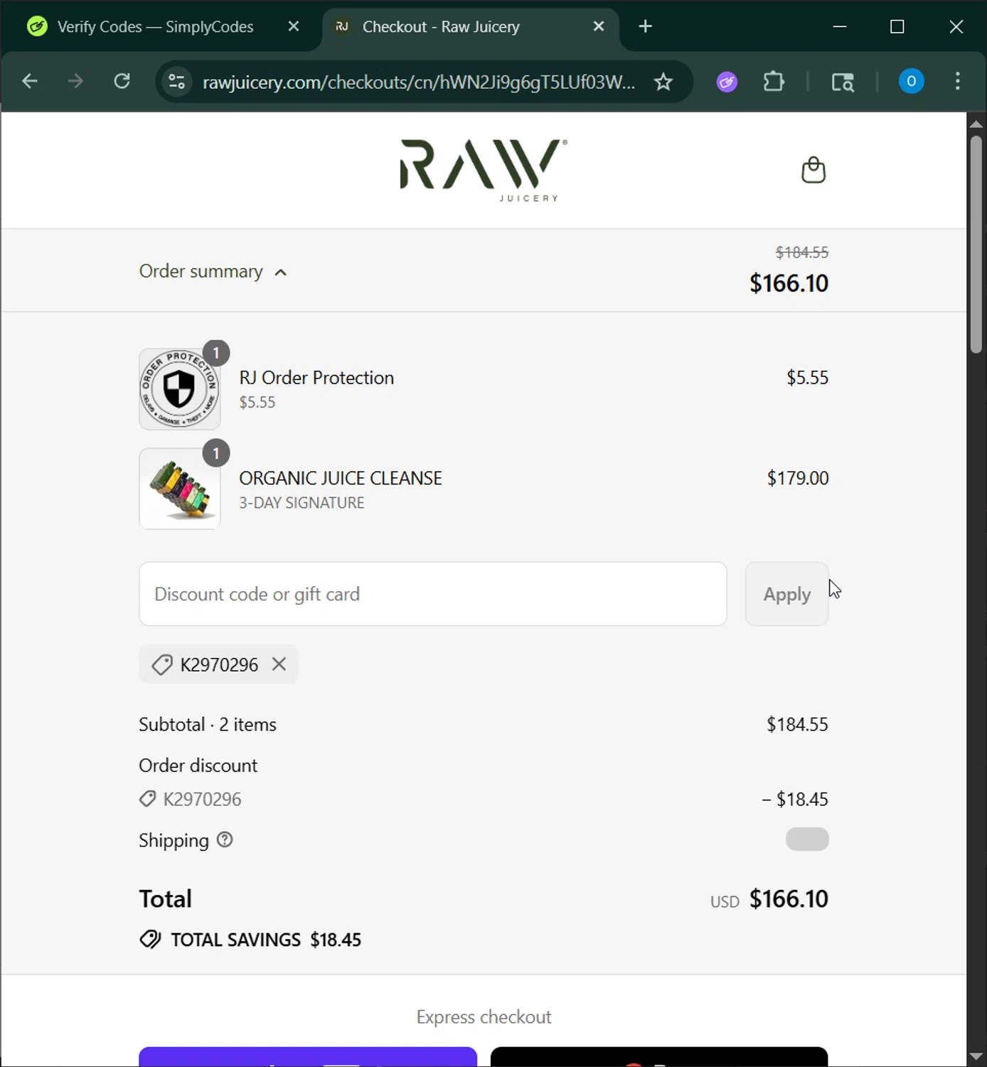 Raw Juicery discount code screenshot showing code K2970296 applied at Raw Juicery checkout page. Uploaded by SimplyCodes community member GoldChaser6627 on Aug 28, 2025