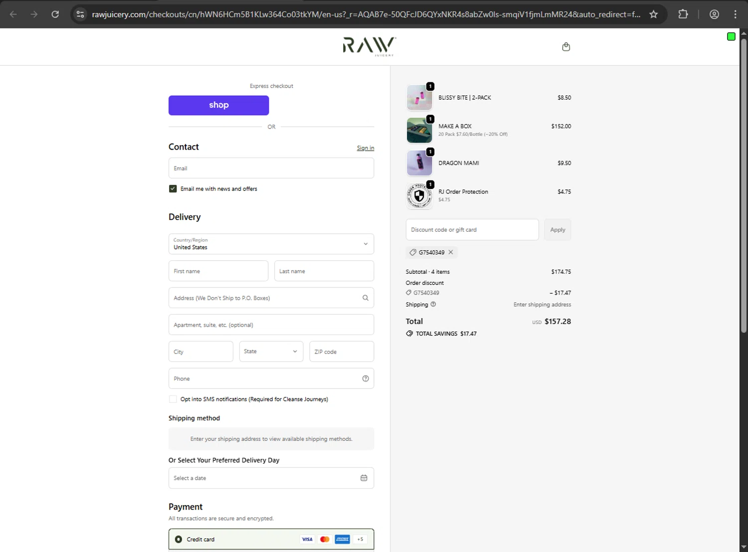 Raw Juicery discount code screenshot showing code G7540349 applied at Raw Juicery checkout page. Uploaded by SimplyCodes community member QuestScholar1789 on Dec 10, 2025