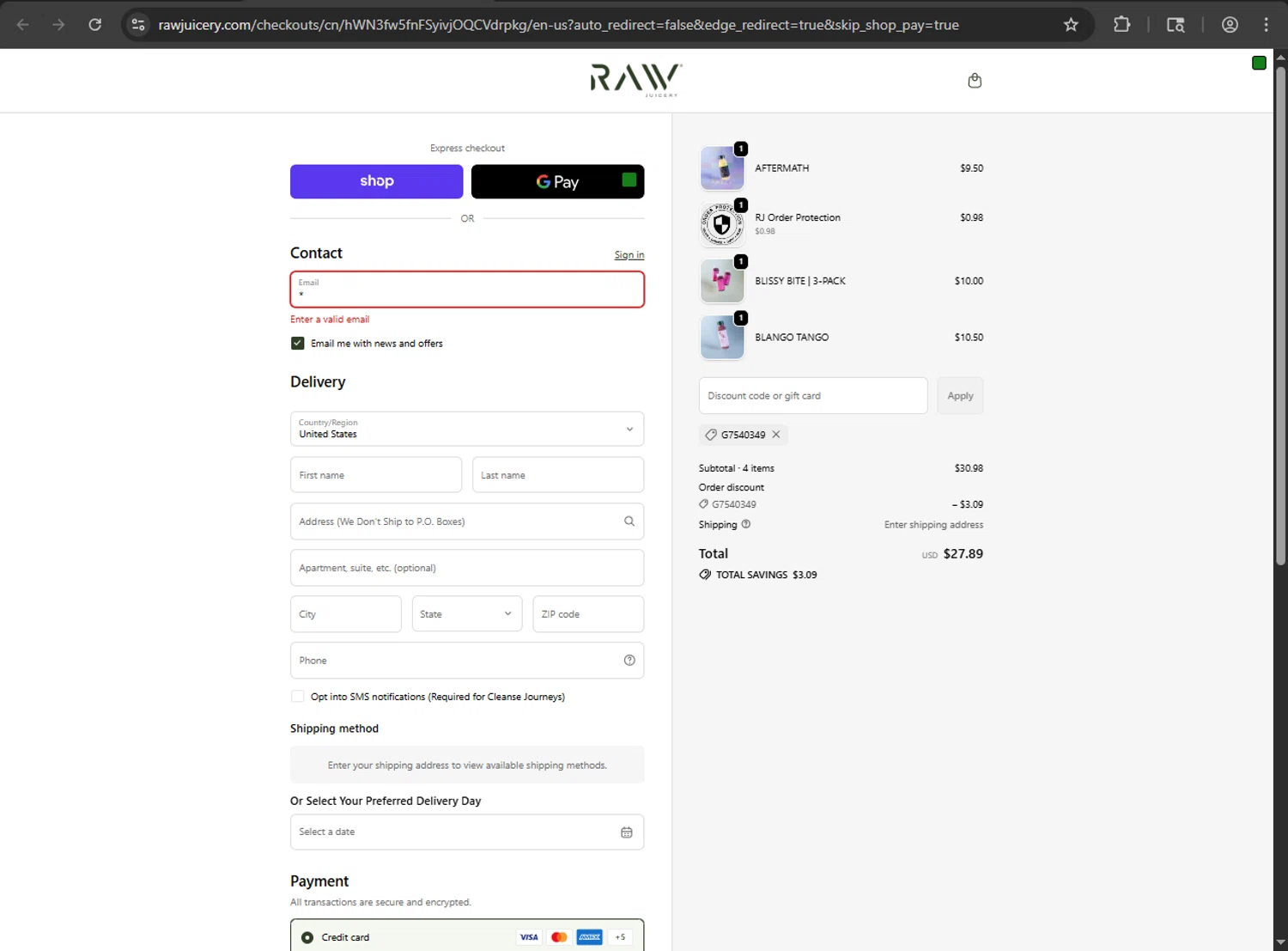 Raw Juicery discount code screenshot showing code G7540349 applied at Raw Juicery checkout page. Uploaded by SimplyCodes community member RINITOSHI on Oct 3, 2025