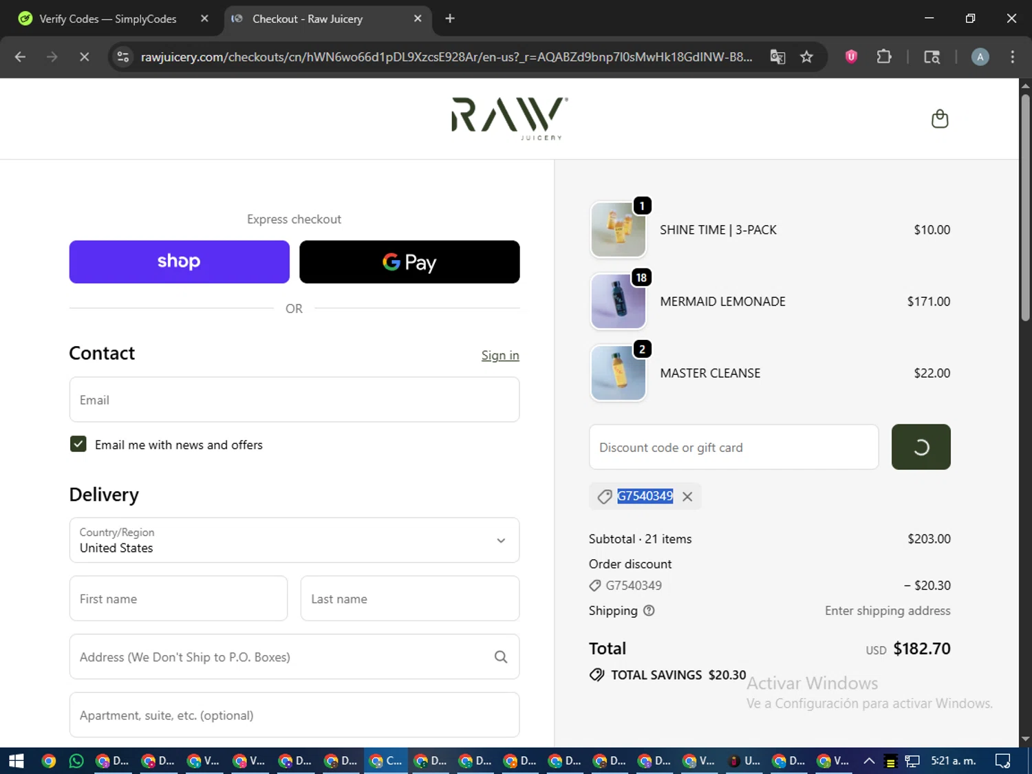 Raw Juicery discount code screenshot showing code G7540349 applied at Raw Juicery checkout page. Uploaded by SimplyCodes community member trippieredd on Dec 28, 2025