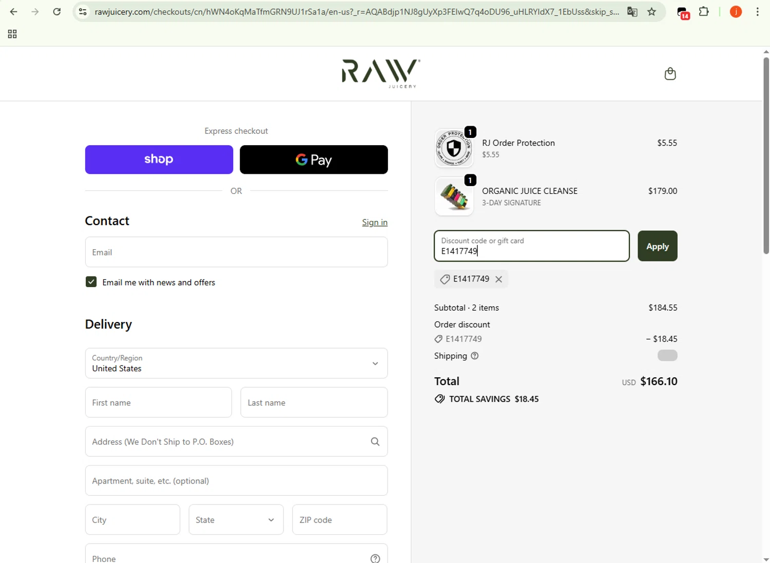 Raw Juicery discount code screenshot showing code E1417749 applied at Raw Juicery checkout page. Uploaded by SimplyCodes community member WonderSpotter5339 on Nov 2, 2025