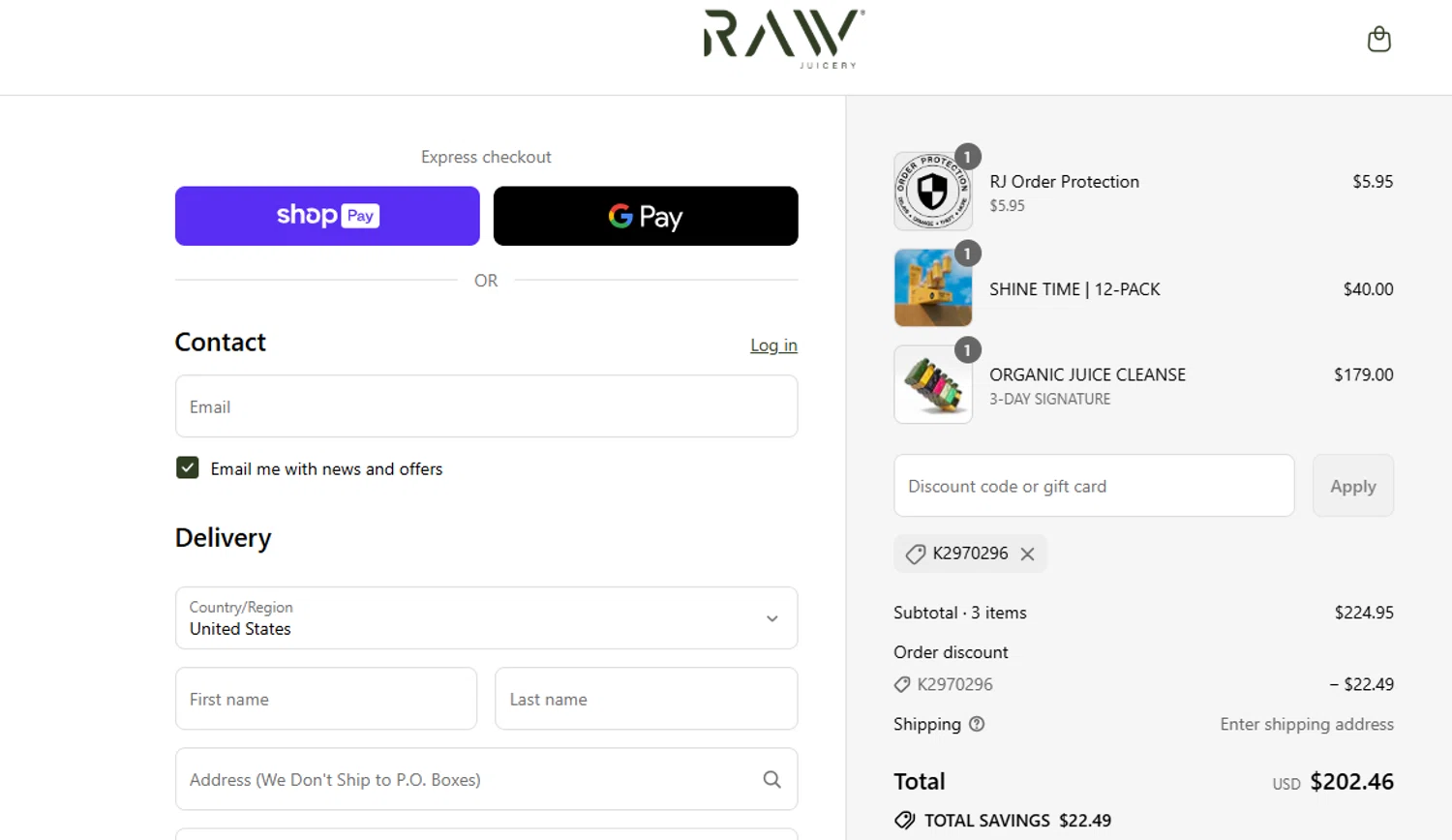 Raw Juicery discount code screenshot showing code K2970296 applied at Raw Juicery checkout page. Uploaded by SimplyCodes community member ashe1986 on Aug 28, 2025