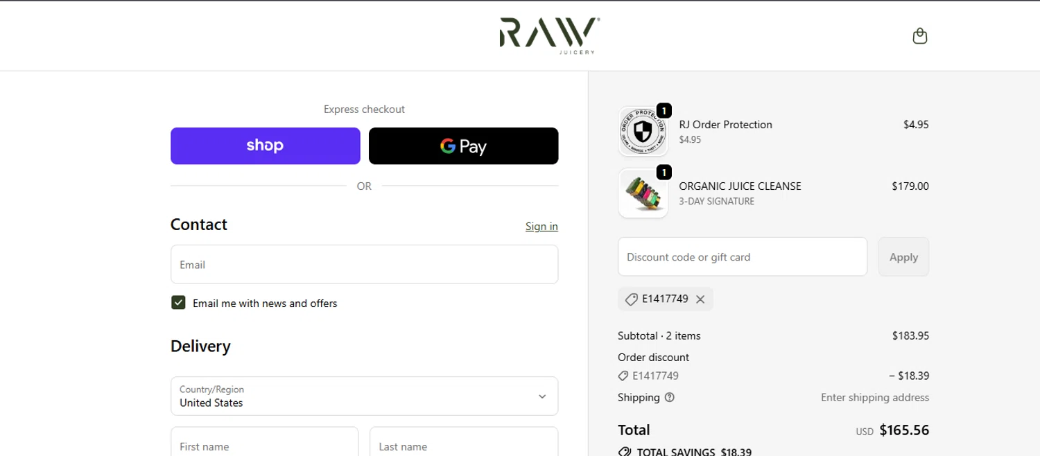 Raw Juicery discount code screenshot showing code E1417749 applied at Raw Juicery checkout page. Uploaded by SimplyCodes community member ashe1986 on Oct 6, 2025