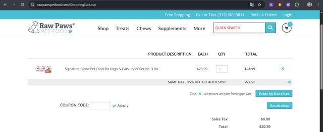 Raw Paws Pet Food checkout page showing Raw Paws Pet Food coupon code box | Screenshot taken by SimplyCodes community member on Aug 13, 2025