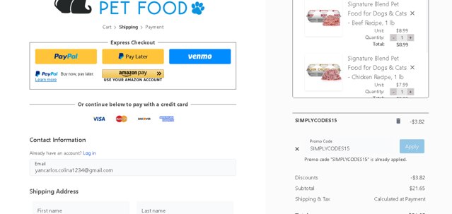 Raw Paws Pet Food checkout page showing Raw Paws Pet Food coupon code box | Screenshot taken by SimplyCodes community member on Aug 28, 2025