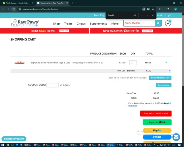 Raw Paws Pet Food checkout page showing Raw Paws Pet Food coupon code box | Screenshot taken by SimplyCodes community member on Aug 18, 2025