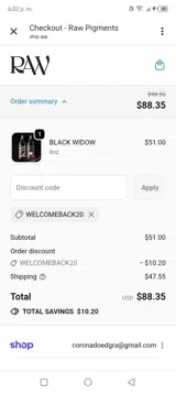 Raw Pigments coupon verification screenshot