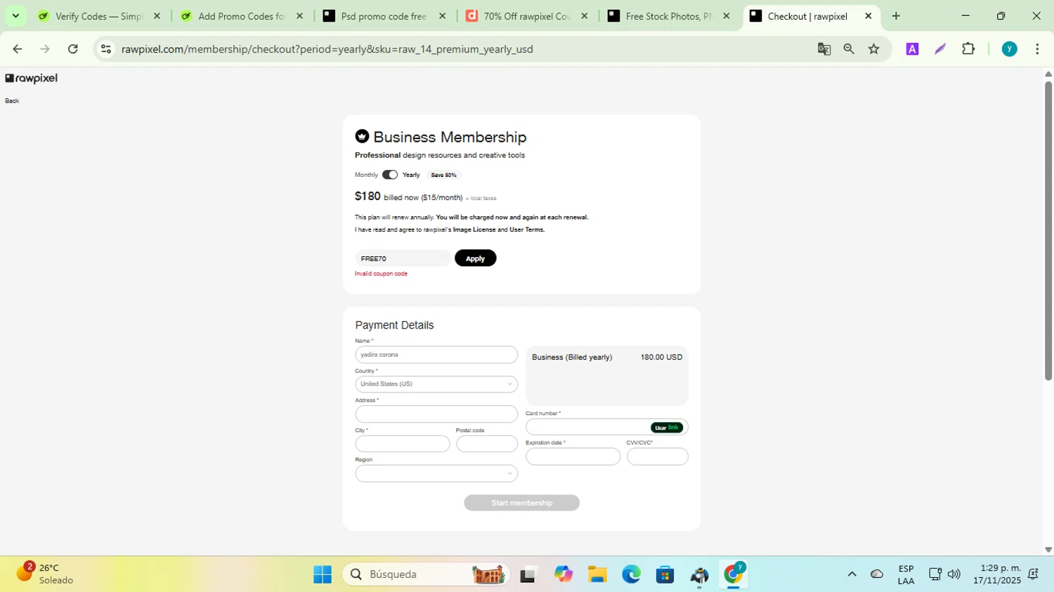 Rawpixel promo code screenshot showing code FREE70 applied at Rawpixel checkout page. Uploaded by SimplyCodes community member yadiracg074 on Nov 17, 2025