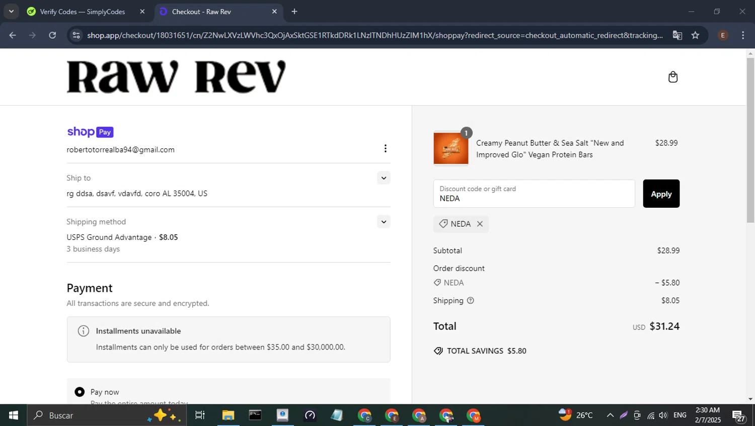 Raw Rev discount code screenshot showing code NEDA applied at Raw Rev checkout page. Uploaded by SimplyCodes community member WonderPilot3689 on Feb 7, 2025