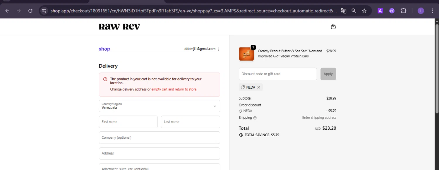 Raw Rev discount code screenshot showing code NEDA applied at Raw Rev checkout page. Uploaded by SimplyCodes community member joineds on Oct 4, 2025