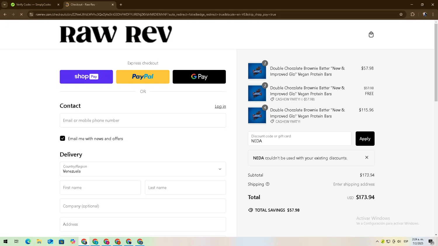 Raw Rev discount code screenshot showing code NEDA applied at Raw Rev checkout page. Uploaded by SimplyCodes community member zadquiel on Feb 7, 2025