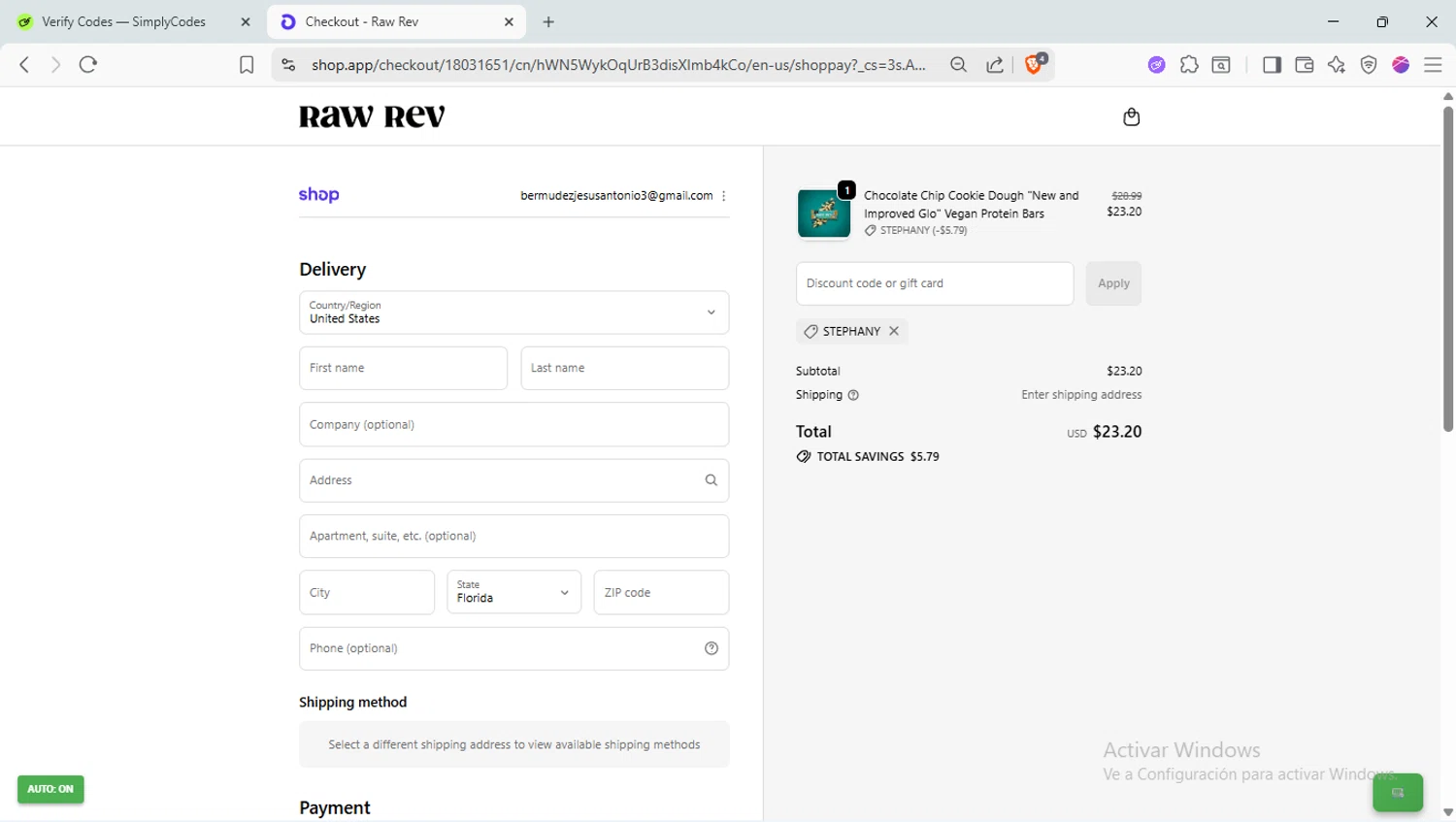 Raw Rev discount code screenshot showing code STEPHANY applied at Raw Rev checkout page. Uploaded by SimplyCodes community member LaVelaEnPinta on Nov 21, 2025