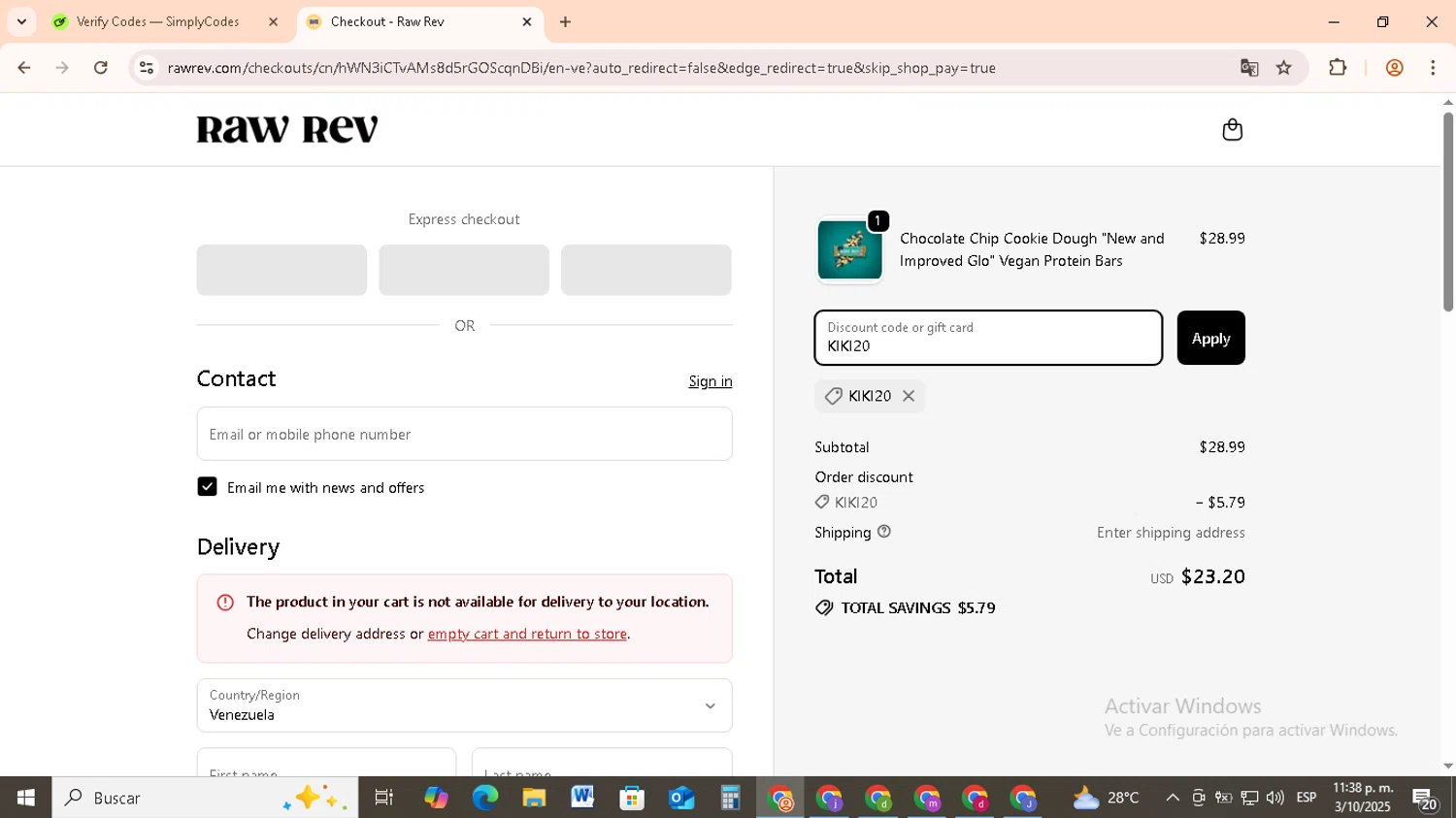 Raw Rev discount code screenshot showing code KIKI20 applied at Raw Rev checkout page. Uploaded by SimplyCodes community member RebateCollector5909 on Oct 4, 2025