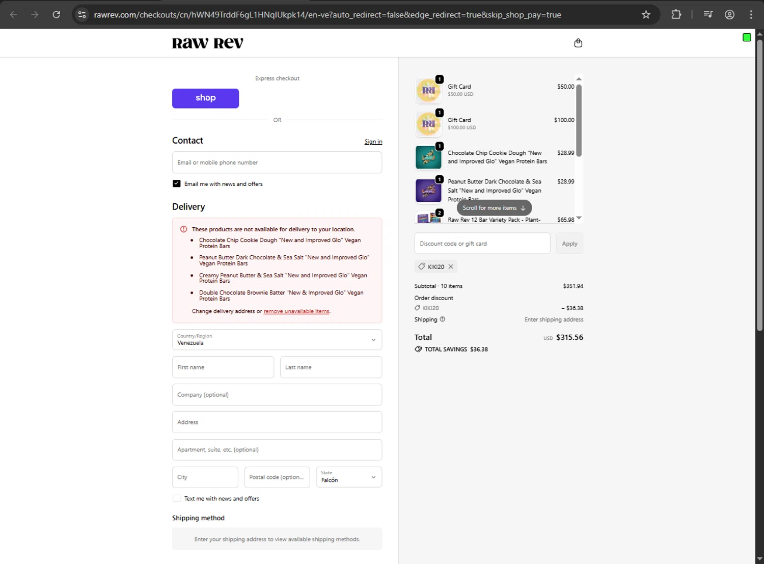 Raw Rev discount code screenshot showing code KIKI20 applied at Raw Rev checkout page. Uploaded by SimplyCodes community member zzzzzzza on Oct 15, 2025