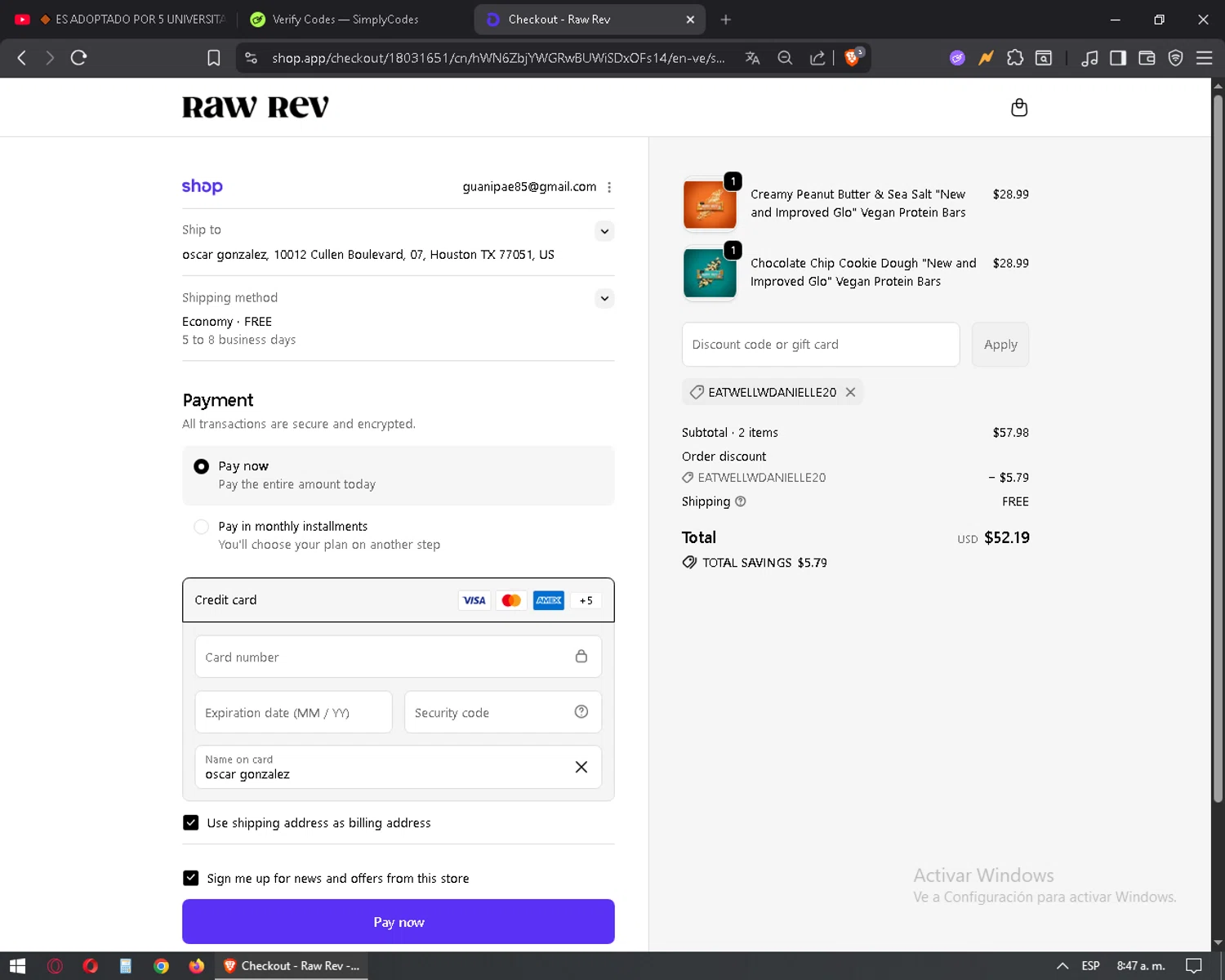 Raw Rev discount code screenshot showing code EATWELLWDANIELLE20 applied at Raw Rev checkout page. Uploaded by SimplyCodes community member mixelis on Dec 18, 2025