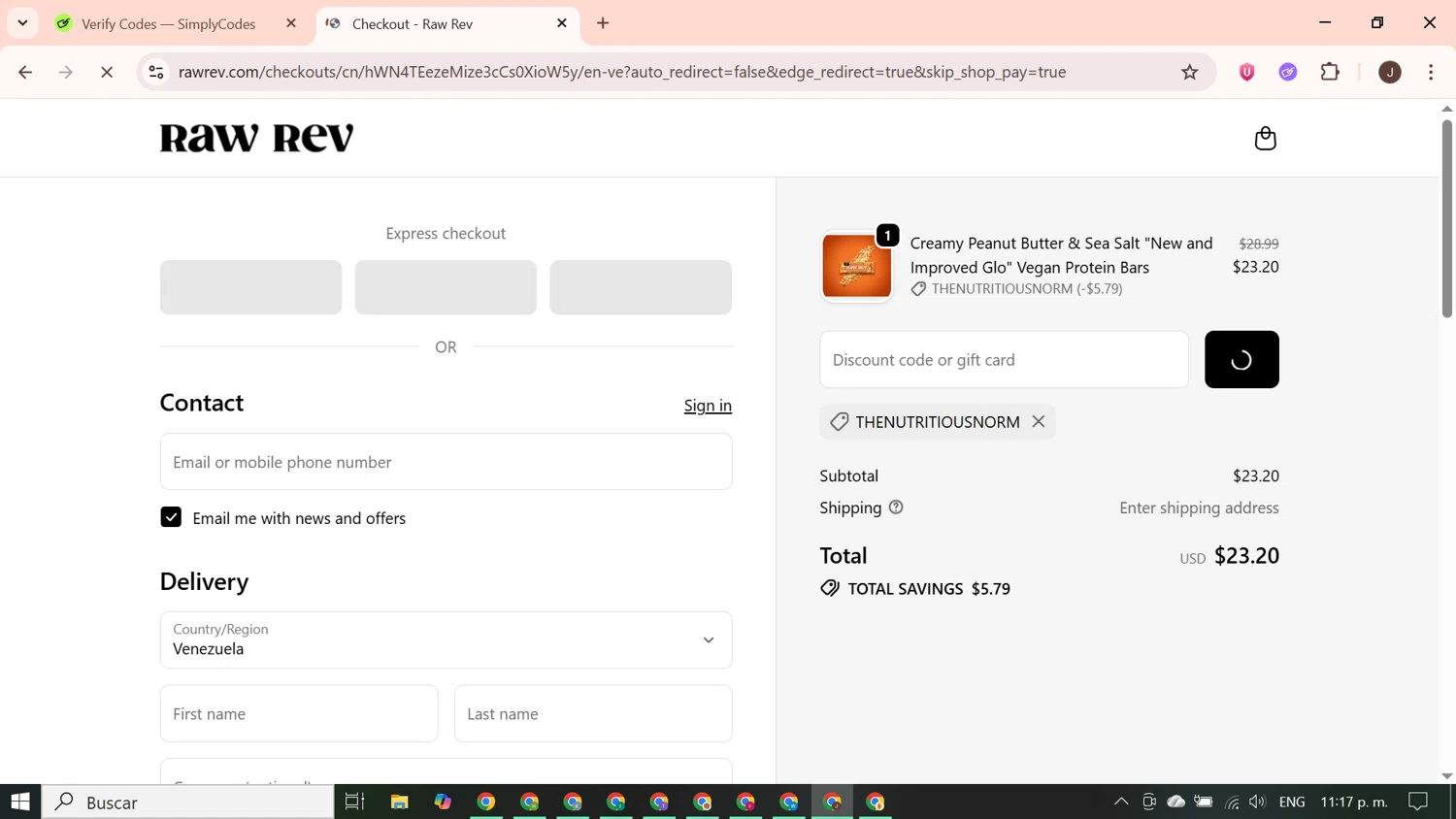 Raw Rev discount code screenshot showing code THENUTRITIOUSNORM applied at Raw Rev checkout page. Uploaded by SimplyCodes community member PrimeGenius2371 on Oct 24, 2025