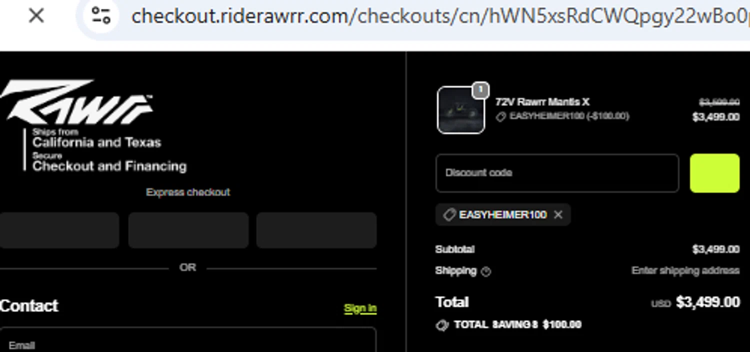 Rawrr discount code screenshot showing code EASYHEIMER100 applied at Rawrr checkout page. Uploaded by SimplyCodes community member PennyOwl2559 on Dec 2, 2025