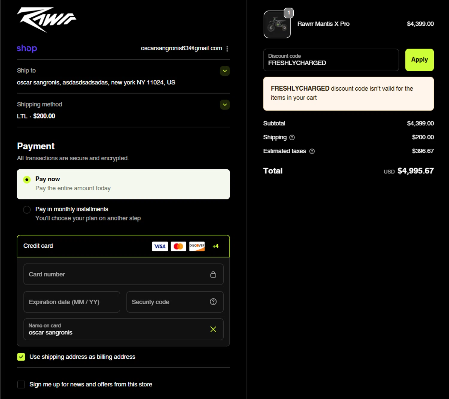 Rawrr discount code screenshot showing code FRESHLYCHARGED applied at Rawrr checkout page. Uploaded by SimplyCodes community member Frionel_Pessi on Sep 18, 2025