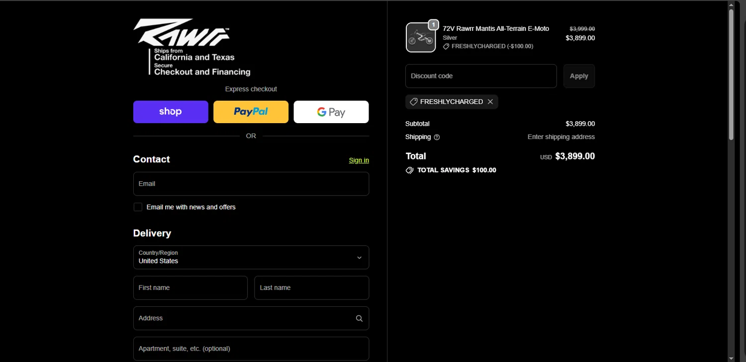 Rawrr discount code screenshot showing code FRESHLYCHARGED applied at Rawrr checkout page. Uploaded by SimplyCodes community member TreasureMaestro5413 on Oct 17, 2025