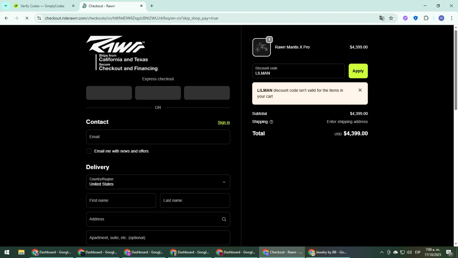 Rawrr discount code screenshot showing code LILMAN applied at Rawrr checkout page. Uploaded by SimplyCodes community member QuestDefender2661 on Oct 17, 2025