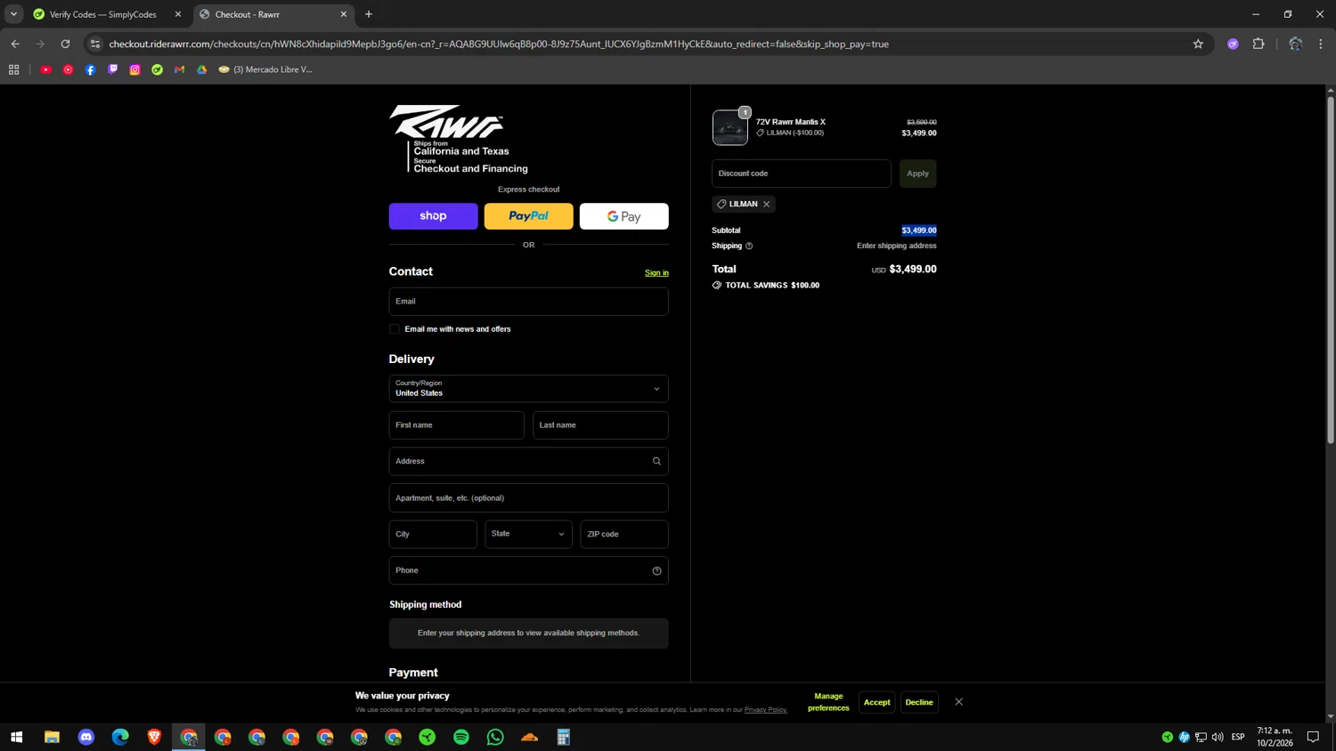 Rawrr checkout page showing Rawrr discount code box | Screenshot taken by SimplyCodes community member on Feb 10, 2026
