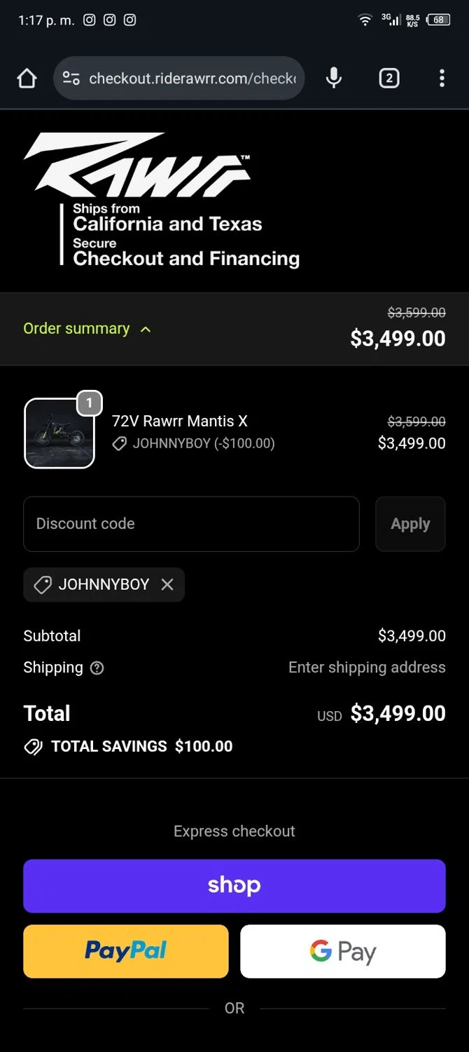 Rawrr checkout page showing Rawrr discount code box | Screenshot taken by SimplyCodes community member on Jan 16, 2026
