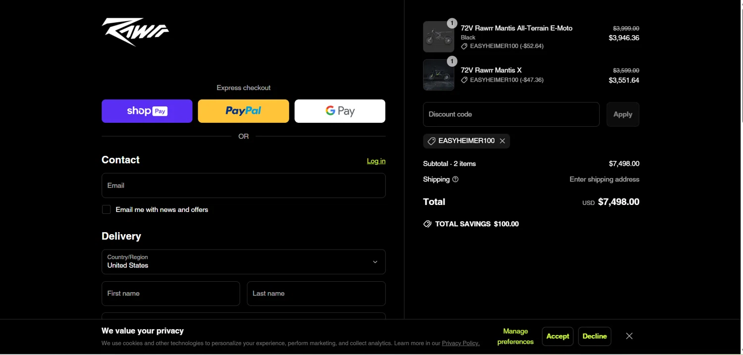 Rawrr discount code screenshot showing code EASYHEIMER100 applied at Rawrr checkout page. Uploaded by SimplyCodes community member HoneyJean on May 16, 2025