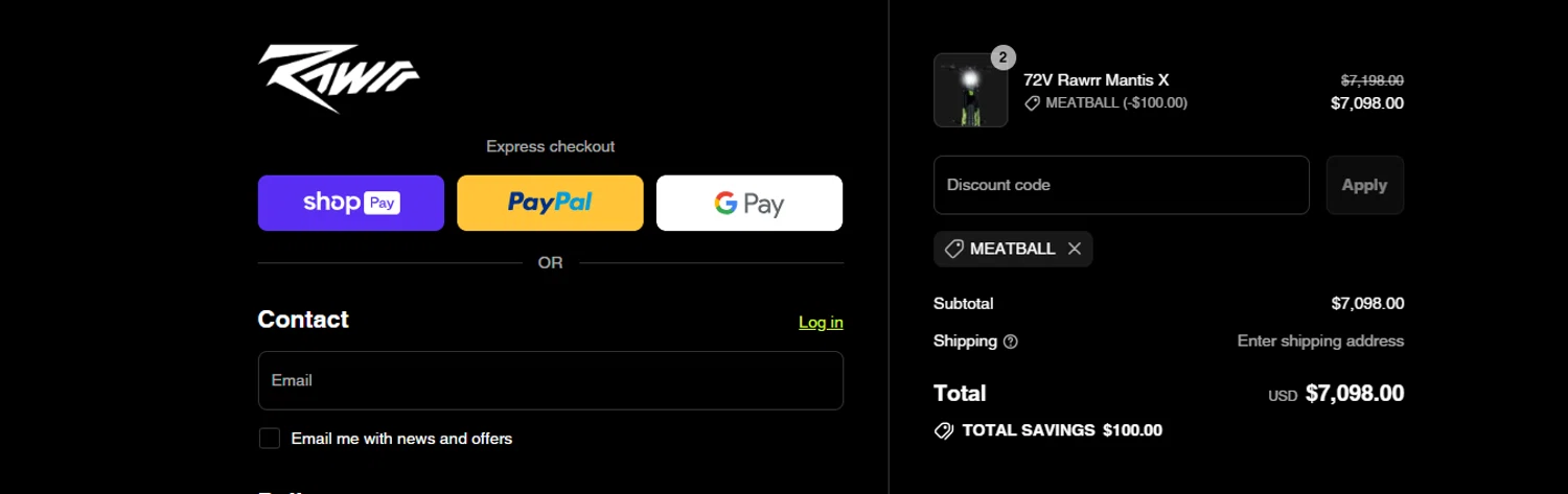 Rawrr discount code screenshot showing code MEATBALL applied at Rawrr checkout page. Uploaded by SimplyCodes community member ashe1986 on Jul 9, 2025