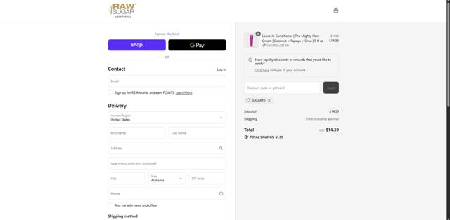 Raw Sugar checkout page showing Raw Sugar discount code box | Screenshot taken by SimplyCodes community member on Sep 8, 2025