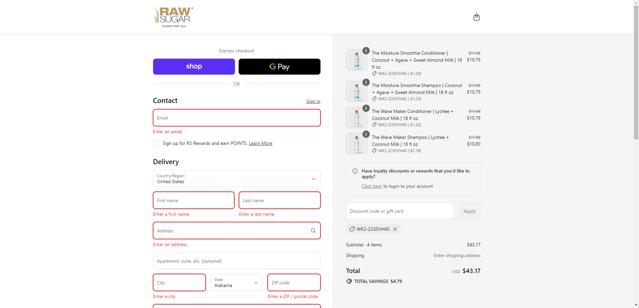 Raw Sugar checkout page showing Raw Sugar discount code box | Screenshot taken by SimplyCodes community member on Sep 12, 2025