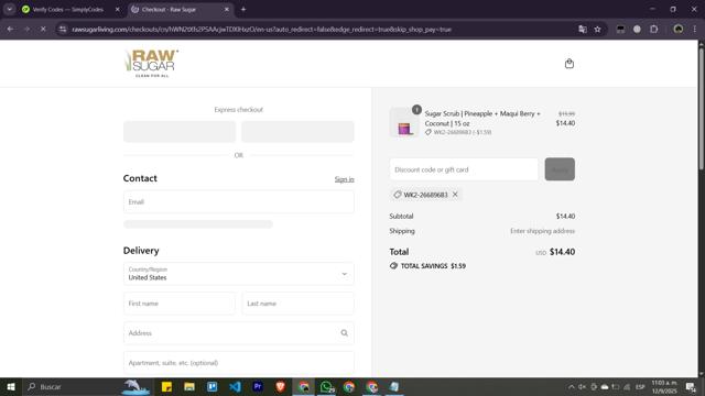 Raw Sugar checkout page showing Raw Sugar discount code box | Screenshot taken by SimplyCodes community member on Sep 12, 2025