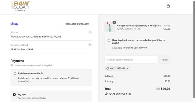 Raw Sugar checkout page showing Raw Sugar discount code box | Screenshot taken by SimplyCodes community member on Sep 12, 2025