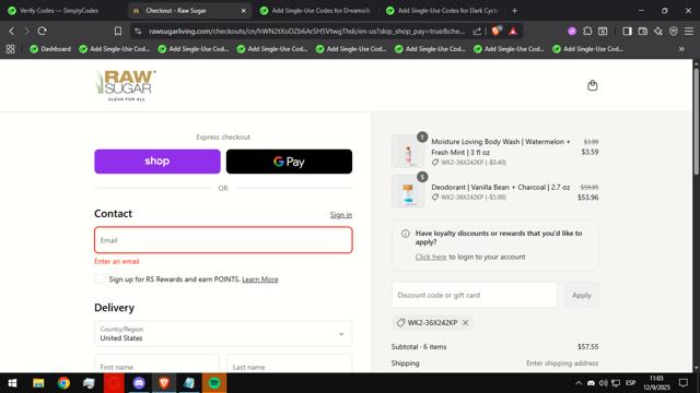 Raw Sugar checkout page showing Raw Sugar discount code box | Screenshot taken by SimplyCodes community member on Sep 12, 2025