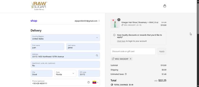 Raw Sugar checkout page showing Raw Sugar discount code box | Screenshot taken by SimplyCodes community member on Sep 8, 2025