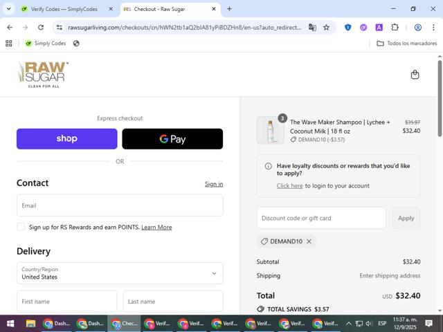 Raw Sugar checkout page showing Raw Sugar discount code box | Screenshot taken by SimplyCodes community member on Sep 12, 2025