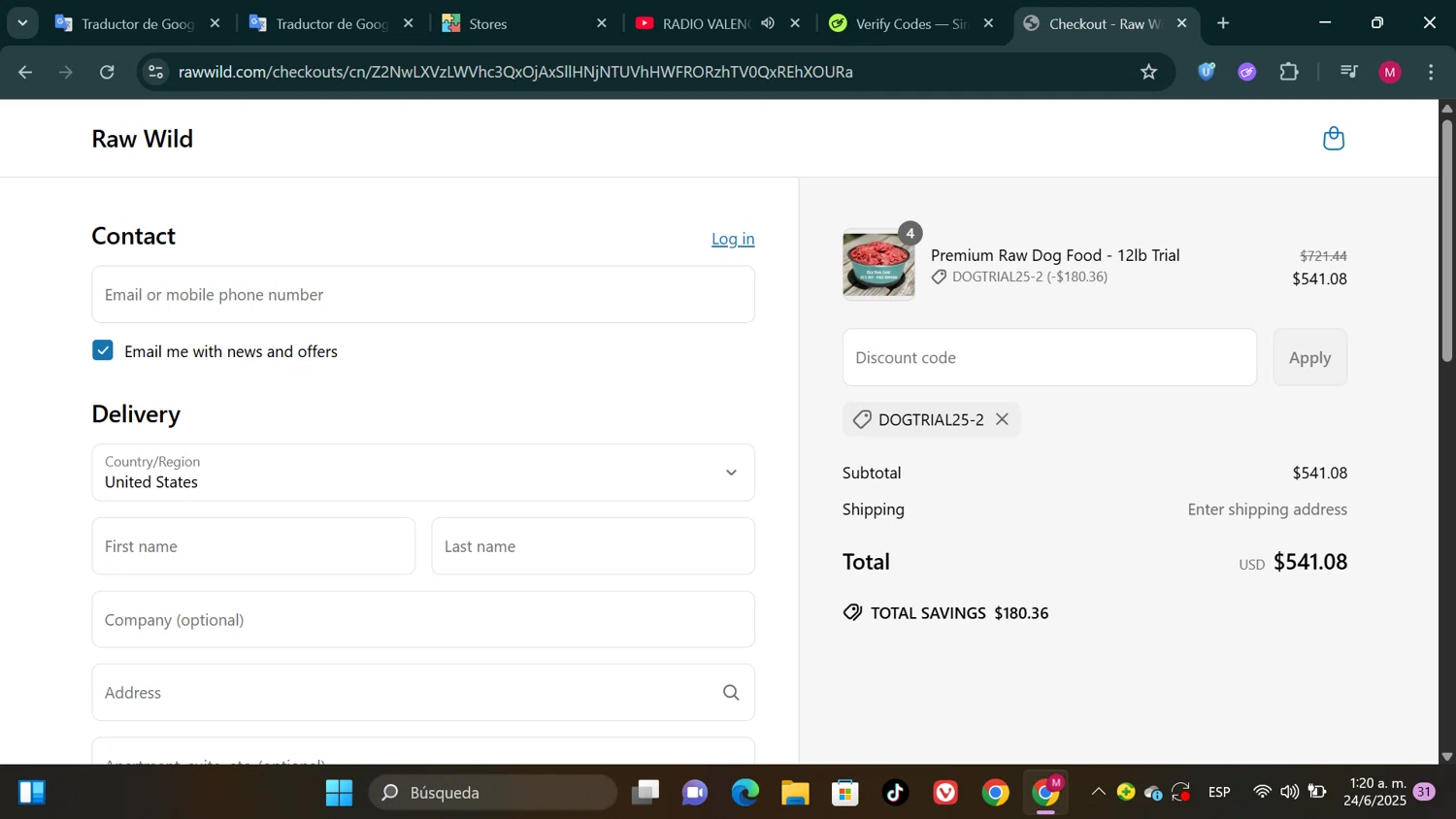 Raw Wild promo code screenshot showing code DOGTRIAL25-2 applied at Raw Wild checkout page. Uploaded by SimplyCodes community member SwiftPioneer1769 on Jun 24, 2025