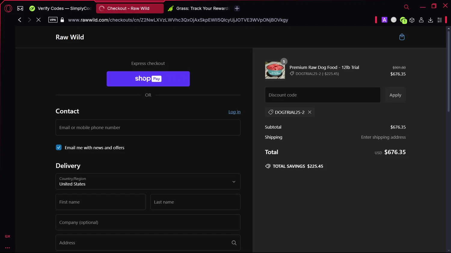 Raw Wild promo code screenshot showing code DOGTRIAL25-2 applied at Raw Wild checkout page. Uploaded by SimplyCodes community member Elsuanfonson on Jan 25, 2025