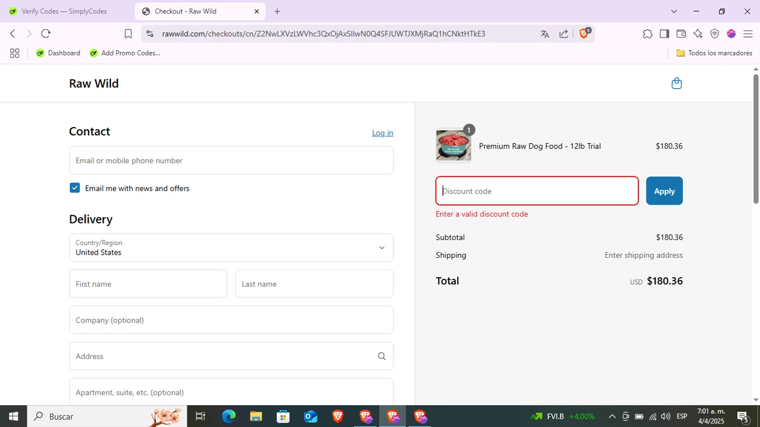 Raw Wild promo code screenshot showing code RW30 applied at Raw Wild checkout page. Uploaded by SimplyCodes community member LaVelaEnPinta on Apr 4, 2025