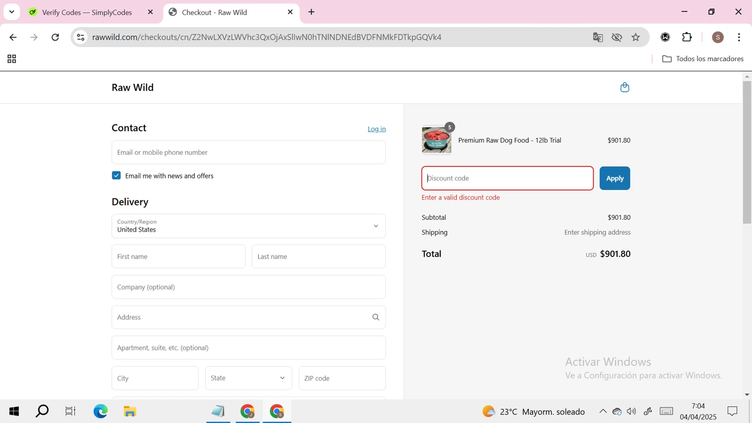 Raw Wild promo code screenshot showing code RW30 applied at Raw Wild checkout page. Uploaded by SimplyCodes community member RoyalHero6815 on Apr 4, 2025