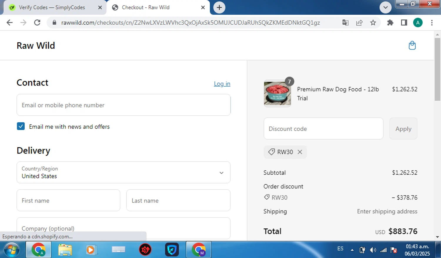 Raw Wild checkout page showing Raw Wild promo code box | Screenshot taken by SimplyCodes community member on Mar 6, 2025