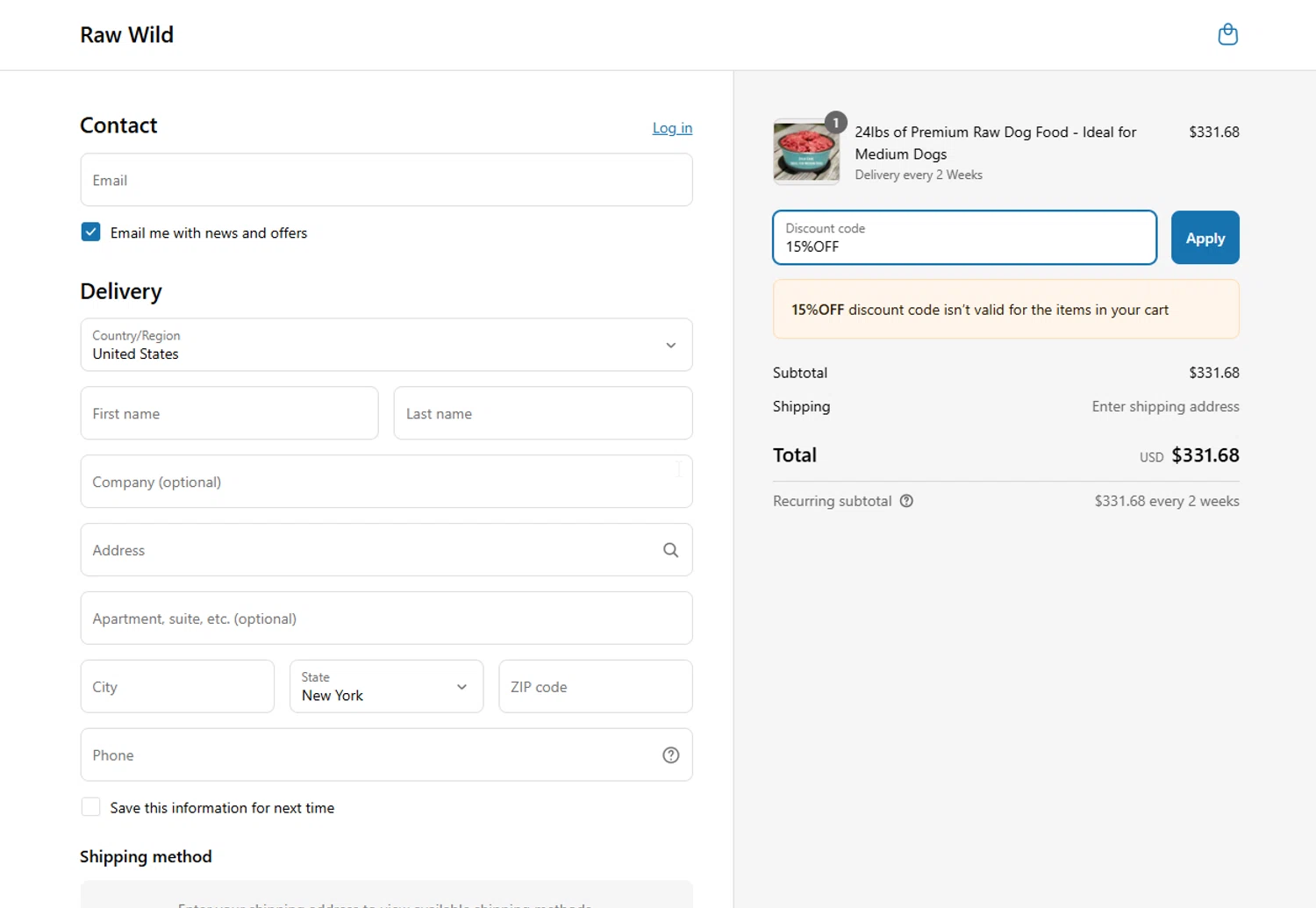 Raw Wild checkout page showing Raw Wild promo code box | Screenshot taken by SimplyCodes community member on Mar 26, 2025