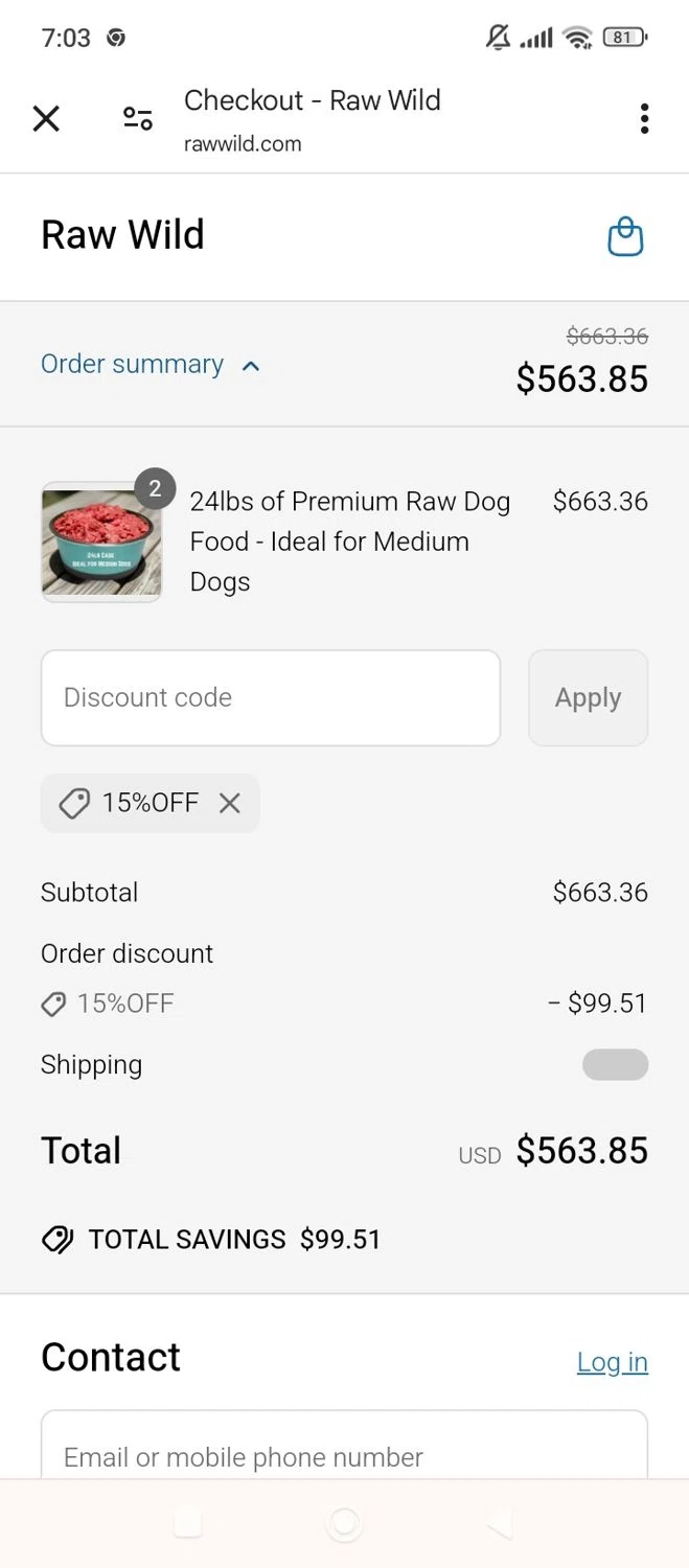 Raw Wild promo code screenshot showing code 15%OFF applied at Raw Wild checkout page. Uploaded by SimplyCodes community member Kaylaytone on Apr 24, 2025