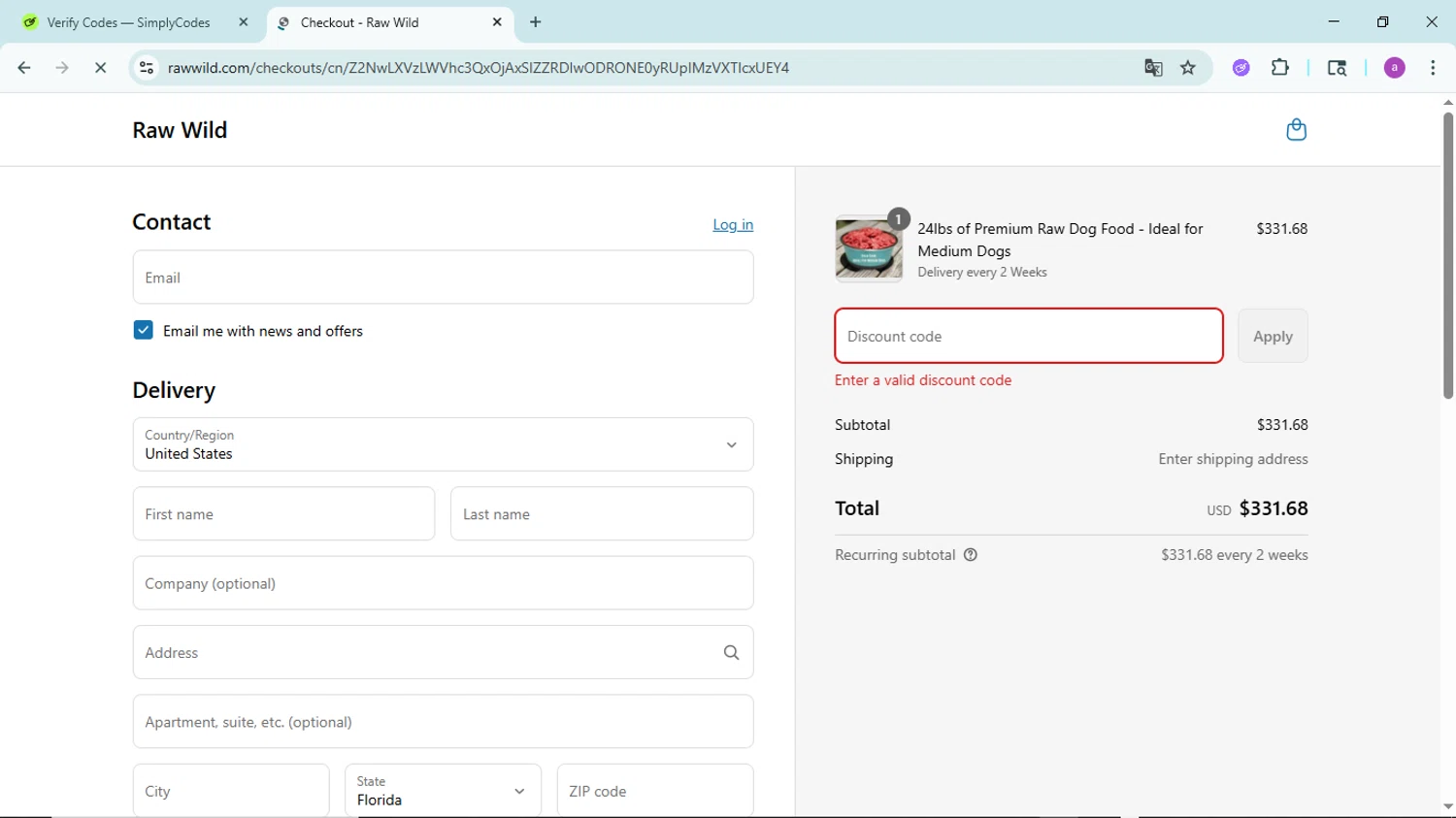 Raw Wild promo code screenshot showing code 15%OFF applied at Raw Wild checkout page. Uploaded by SimplyCodes community member PennyBoss9589 on May 23, 2025