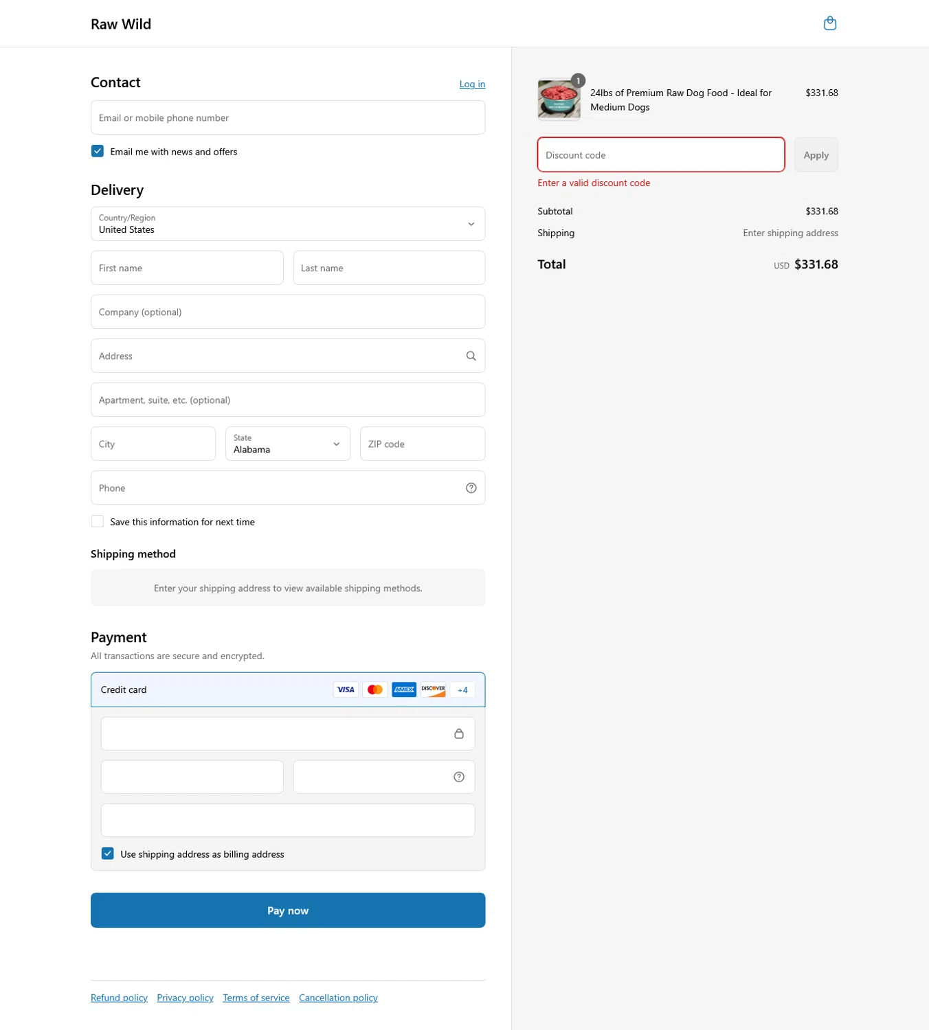Raw Wild promo code screenshot showing code 15%OFF applied at Raw Wild checkout page. Uploaded by SimplyCodes community member WladimirV on May 23, 2025