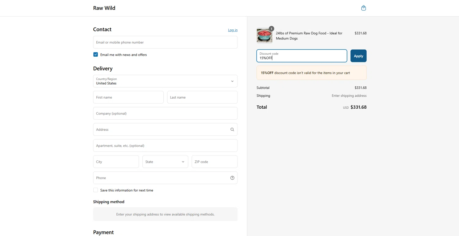 Raw Wild checkout page showing Raw Wild promo code box | Screenshot taken by SimplyCodes community member on Mar 26, 2025