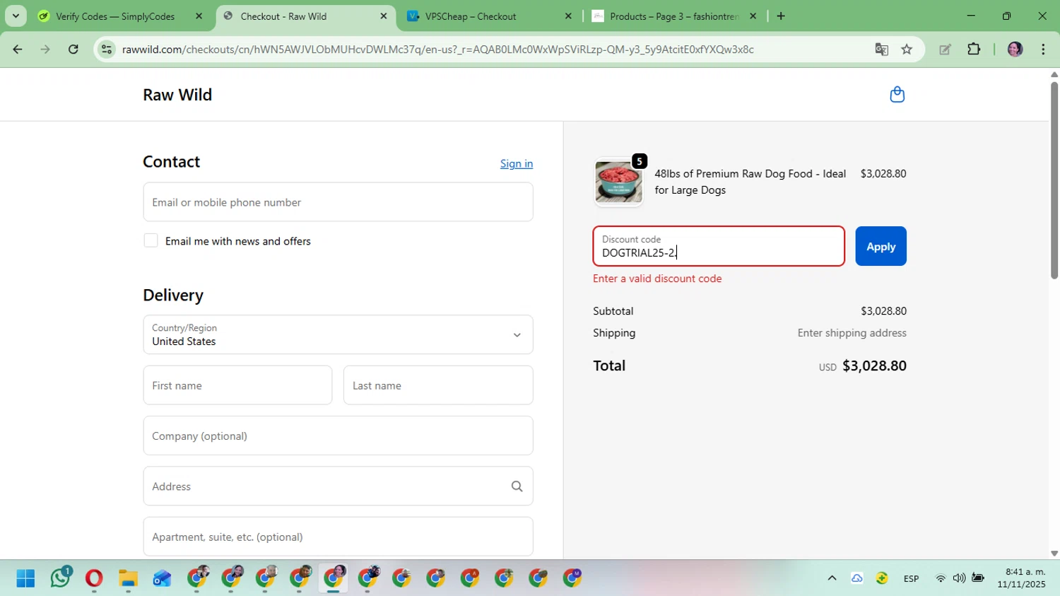 Raw Wild promo code screenshot showing code DOGTRIAL25-2. applied at Raw Wild checkout page. Uploaded by SimplyCodes community member Mari_perez on Nov 11, 2025
