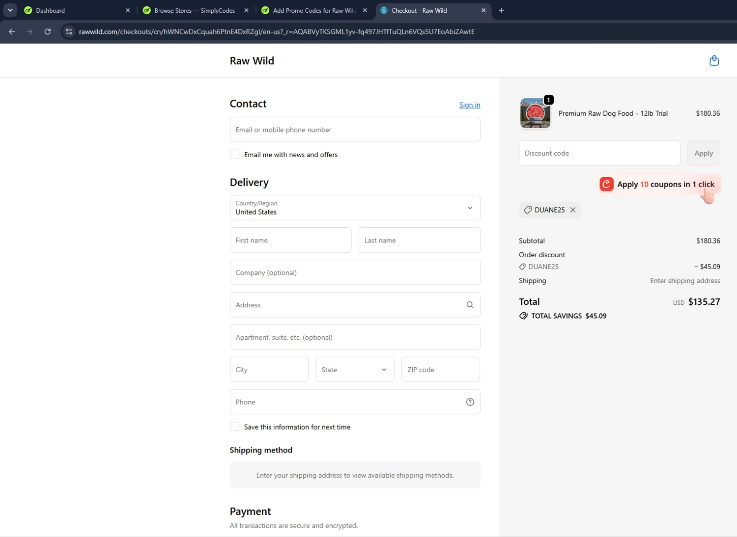 Raw Wild promo code screenshot showing code DUANE25 applied at Raw Wild checkout page. Uploaded by SimplyCodes community member VictoriousCaptain3902 on Jun 4, 2026