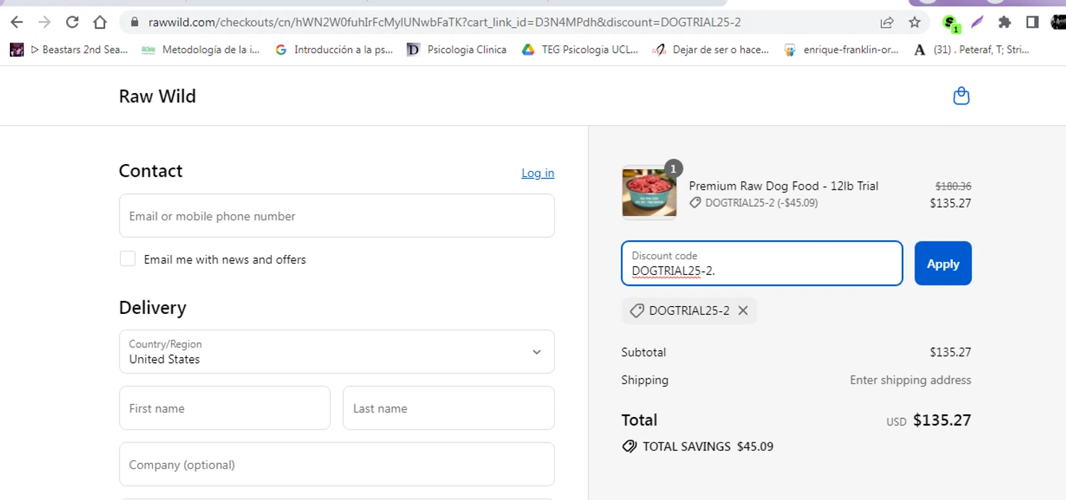 Raw Wild promo code screenshot showing code DOGTRIAL25-2. applied at Raw Wild checkout page. Uploaded by SimplyCodes community member leidycamacaro on Sep 2, 2025