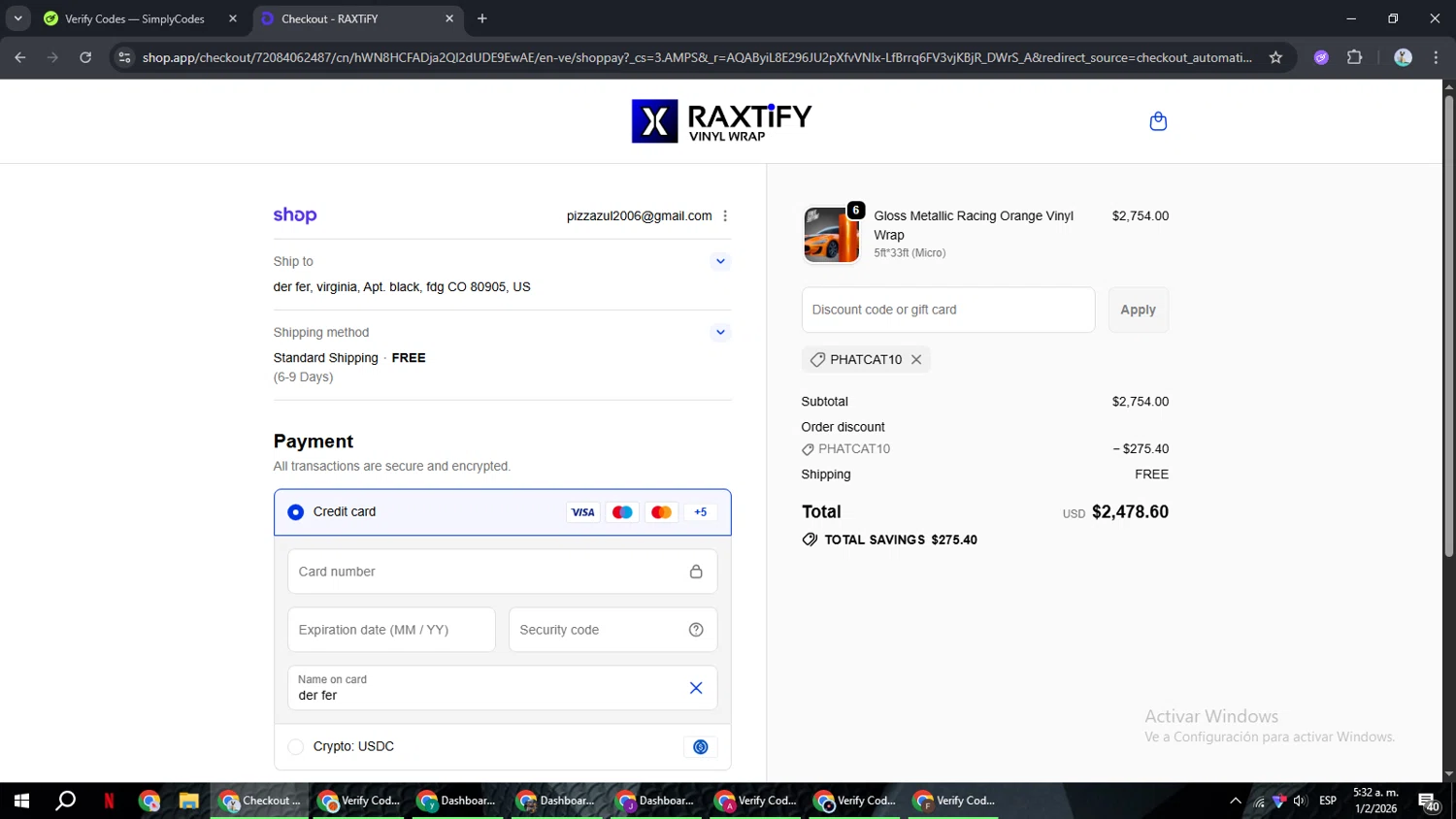 Raxtify promo code screenshot showing code PHATCAT10 applied at Raxtify checkout page. Uploaded by SimplyCodes community member ShrewdSeeker6165 on Feb 1, 2026
