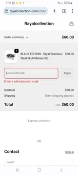 Rayal Collection coupon verification screenshot